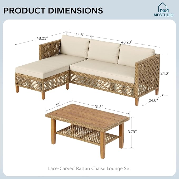 MFSTUDIO L Shaped Outdoor Couch Set, Wicker Patio Furniture Set, Rattan Outdoor Sectional Sofa with Acacia Wood Coffee Table, 3 Pieces Small Patio Conversation Set for Backyard, Beige