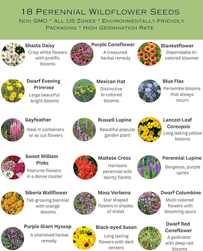 All Zones All Perennial Wildflower Heirloom Seed Mix | 1/4 lb Bulk Variety in Earth-Friendly Biodegradable Packaging - 500 SF Coverage (93,750 Seeds)