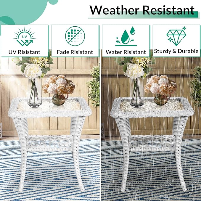 VIVIJASON Outdoor Wicker Side Table, All-Weather Rattan Patio Side Table Bistro Table with 2-Tier, Tempered Glass Top Square End Table for Indoor, Balcony, Garden, Porch, Deck, White