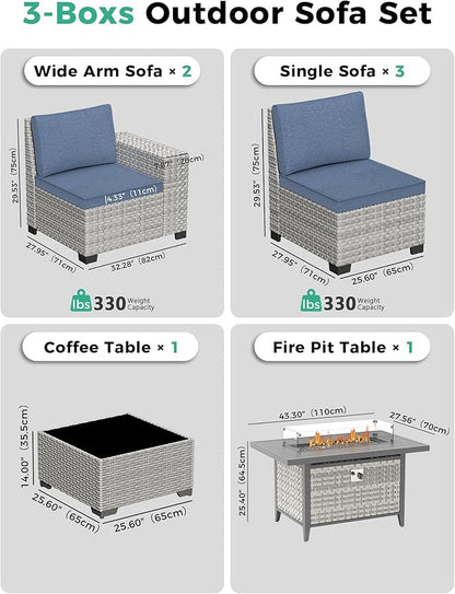 7 Piece Outdoor Wicker Rattan Sectional Sofa Set with Fire Pit Table, 5-Seats Conversation Set with 4" Thickened Cushions & Coffee Table, All-Weather PE Rattan for Garden, Backyard, Porch, Bule