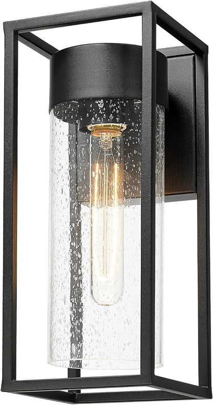 Bestshared Outdoor Modern Wall Light, Exterior Wall Mount Lights, Outdoor Lighting Fixture, Porch Sconce Light with Seeded Glass, Lantern Lamp for Patio, Entryway,Garage (Black, 13" H)