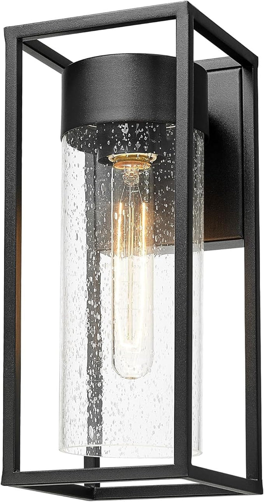 Bestshared Outdoor Modern Wall Light, Exterior Wall Mount Lights, Outdoor Lighting Fixture, Porch Sconce Light with Seeded Glass, Lantern Lamp for Patio, Entryway,Garage (Black, 13" H)