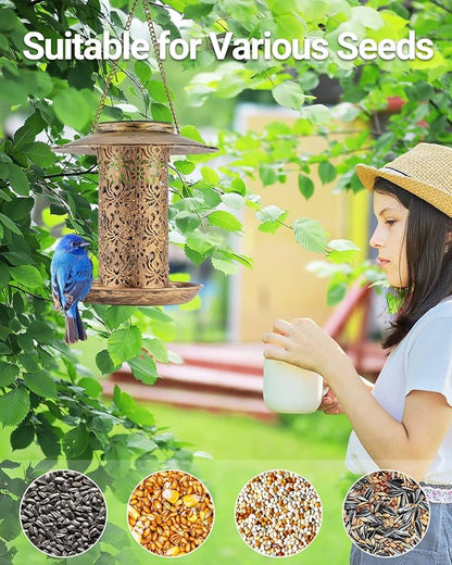 SWEETFULL Solar Bird Feeder for Outdoors Hanging, Metal Wild Bird Feeder for Cardinals Solar Garden Lantern with S Hook as Gift Ideas for Bird Lovers (2LBs Heavy Duty Weather Resistance birdfeeders)