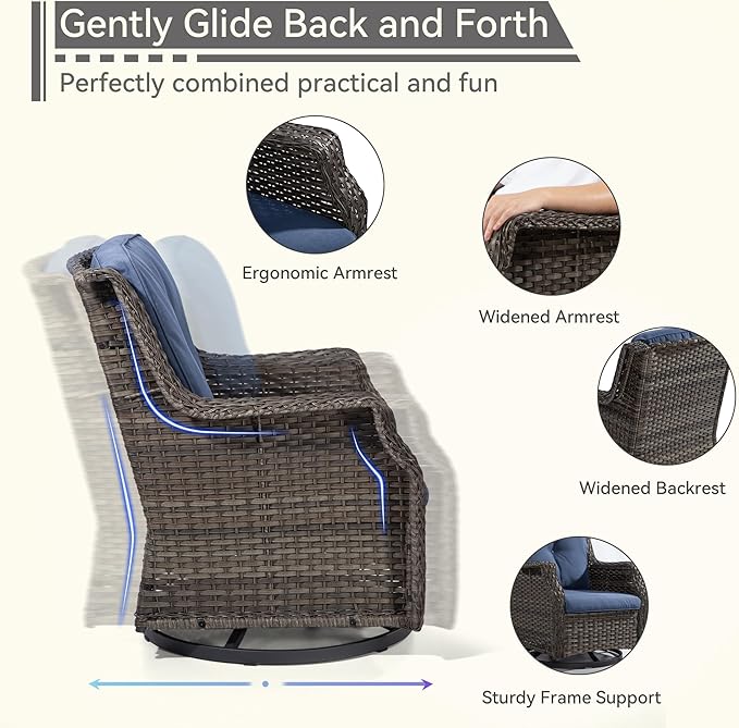 5-Piece Patio Furniture Set Includes 4 Swivel Rocker Chair and 1 Fire Pit, Wicker Conversation Set with Cushion Blue