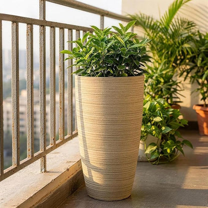 ZMTECH 2-Pack Large Tall Planters with Saucer - 6.8 Gallons /12x21 Inch Faux Stone Finish Round Flower Pots for Indoor Plants, Outdoor Patio & Porch Decor, Unbreakable Plant Containers Beige