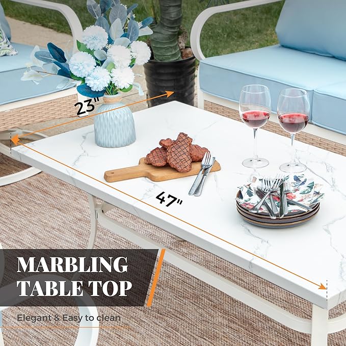 5 Piece Patio Furniture Set, 2 x Rocking Chair, 1 x 2-Seat Sofa, 1 x 3-Seat Sofa with Marbling Coffee Table, All Cushioned 7 Seats Outdoor Conversation Set for Lawn Garden Backyard, Blue