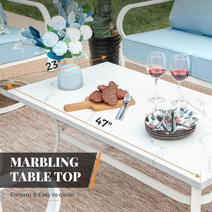 5 Piece Patio Furniture Set, 2 x Rocking Chair, 1 x 2-Seat Sofa, 1 x 3-Seat Sofa with Marbling Coffee Table, All Cushioned 7 Seats Outdoor Conversation Set for Lawn Garden Backyard, Blue
