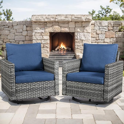 Outdoor Patio Swivel Rocker Chairs - Wicker Patio Swivel Rocking Chairs Set of 2 with Waterproof Wicker,Comfortable Cushions and Sturdy Metal Frame for Outside Porch Deck Backyard(Mixed Grey/Blue)