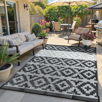 Anidaroel 6x9 Outdoor Rugs for Patios Clearance, Waterproof Reversible Plastic Straw Outside Area Rug, Camping Rugs for Outside RV, Large Outdoor Area Rug for Porch, Backyard (Black&Gray,6‘x9')