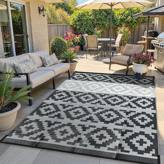 Anidaroel 6x9 Outdoor Rugs for Patios Clearance, Waterproof Reversible Plastic Straw Outside Area Rug, Camping Rugs for Outside RV, Large Outdoor Area Rug for Porch, Backyard (Black&Gray,6‘x9')