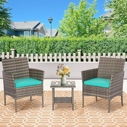 FDW 3 Piece Outdoor Furniture Set Patio Gray Wicker Chairs Furniture Bistro Conversation Set 2 Rattan Chairs with Blue Cushions and Glass Coffee Table for Porch Lawn Garden Balcony Backyard