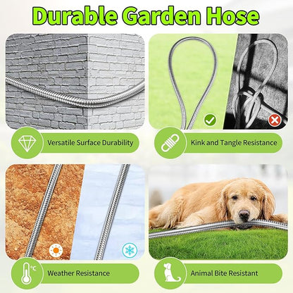 GOXAWEE Garden Hose 75FT, Stainless Steel Heavy Duty Water Hose With 10 Function Nozzle, No-Kink, Tough & Flexible, Sturdy and Lightweight, Rust Proof for Yard, Outdoor, RV