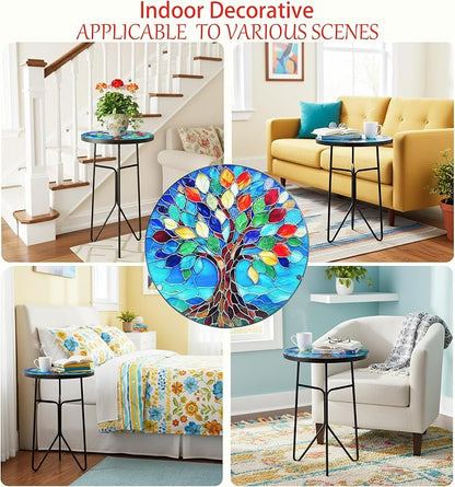 12 Inch Mosaic Colorful Tree of Life Patio Side Table, Small Round End Tables, Glass Plant Tables Indoor, Garden or Living Room Decor Afternoon Tea Dinner Table, Simple Assembly Cast Iron Plant Stand