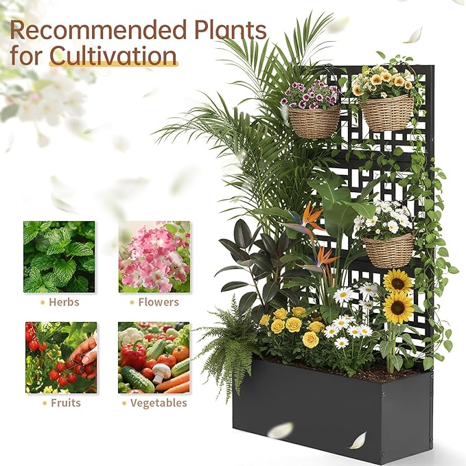 VINGLI Metal Raised Garden Bed with Trellis, Outdoor Planter Box for Climbing Vegetables, Fruits and Flowers, Privacy Screen, for Backyard, Patio, Balcony (Traditional)