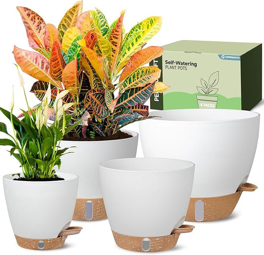 Self-Watering Pots for Indoor Plants 4 Pack, 6/8/10/12 Inch Outdoor Planters with Water Level Indicator & Deep Reservoir, Decorative Flower Pots for Home Decor (White, 12+10+8+6 Inch)