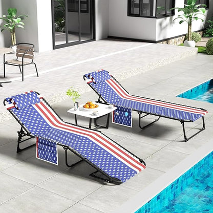 EBE Outdoor Lounge Chair Set of 2, Portable Sun Tanning Chair with 4-Position Reclining Back, Pool Chaise Lounge Chair with Detachable Pillow and Side Pocket for Beach, Poolside, Tricolor Stripe