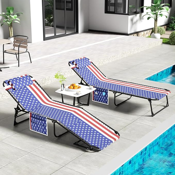 Outdoor Lounge Chair, Foldable Reclining Chaise Lounge with Detachable Pillow & Side Pocket, 4-Position Recliner Tanning Chair for Beach, Pool, Lawn, Backyard, Tricolor Stripe, 2 Packs