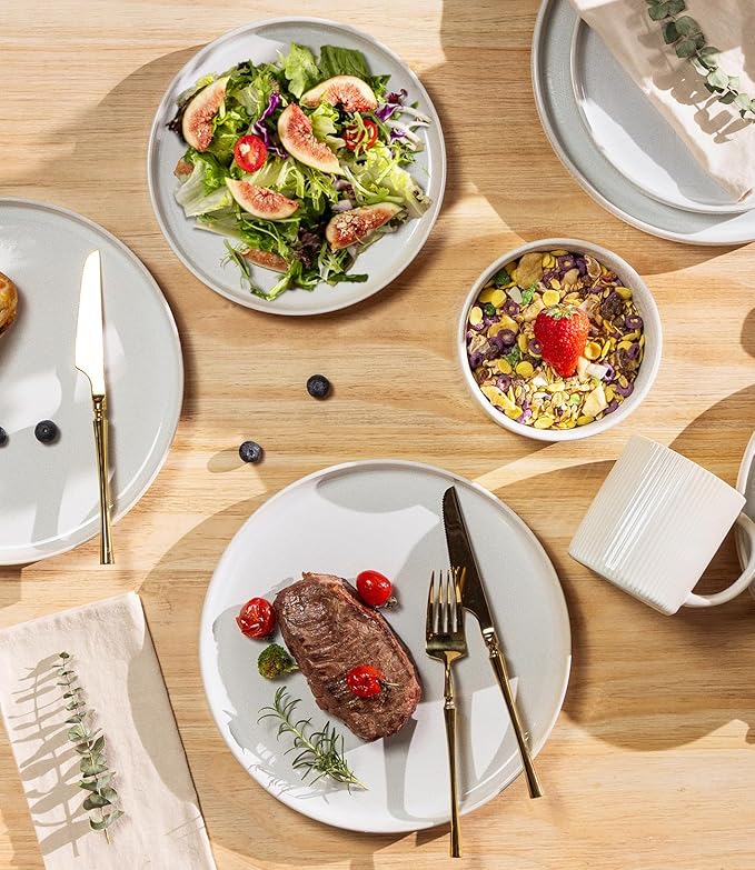 TheTerra Ceramic Dinnerware Sets for 8, 24 Pieces Porcelain Lightweight Plates and Bowls Sets, Scratch Resistant Dish Set, Oven & Microwave & Dishwasher Safe,Reactive White