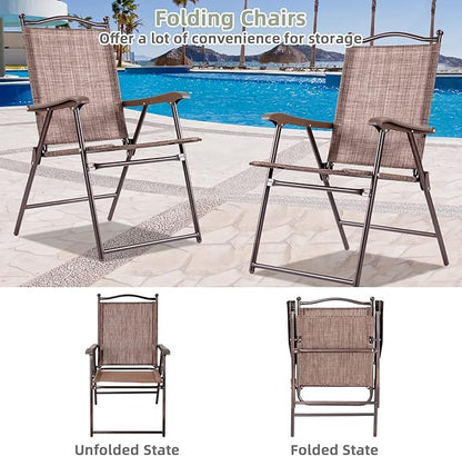 Tangkula Set of 4 Patio Folding Dining Chairs, Outdoor Sling Lawn Chairs with Armrests, Steel Frame, Portable Camping Lounge Chairs for Backyard, Deck, Poolside and Garden, No Assembly (2, Brown)