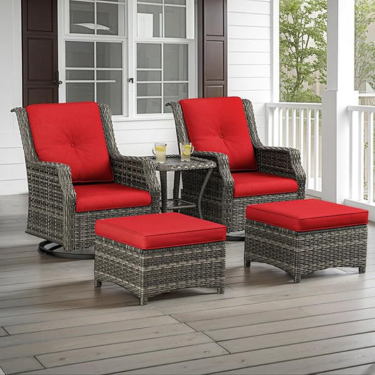 5 Piece Patio Furniture Wicker Conversation Set, 2 Swivel Chairs, 2 Ottomans with 1 Side Table, for Outdoors, Backyard, Deck, Red
