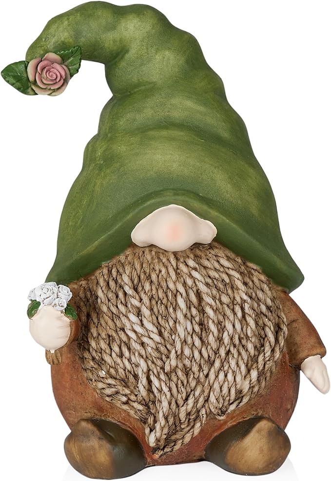 Alpine Corporation 10" Tall Outdoor Green Hat Gnome Statue, Offering Flower Sculpture Gift for Family, Weatherproof Garden Decor