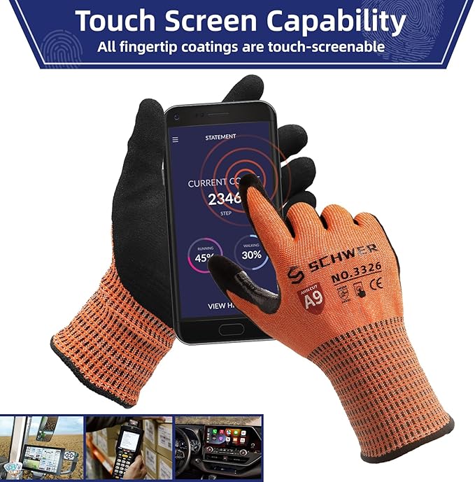 Schwer ProGuard Highest Level Cut Resistant Work Gloves PR3326 for Extreme Protection，ANSI A9 Cut Gloves with Reinforced Thumb, Non Slip, Breathable, Durable, Touch-screen, Orange1 Pair（S）