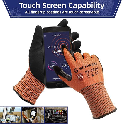 Schwer ProGuard Highest Level Cut Resistant Work Gloves PR3326 for Extreme Protection，ANSI A9 Cut Gloves with Reinforced Thumb, Non Slip, Breathable, Durable, Touch-screen, Orange1 Pair（S）