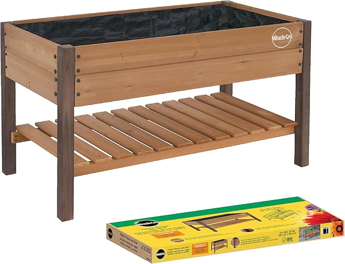 Miracle-GRO 2 x 4 Ft. Wooden Raised Garden Planter with Shelf, 6.4 Cu. Ft. Above Ground Garden with Powder-Coated Metal Brackets for Decks and Yards