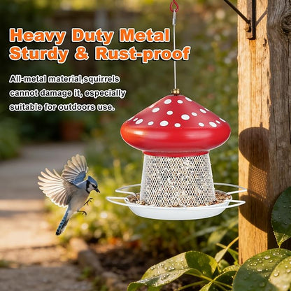 Bird Feeder, Heavy Duty Metal Bird Feeders for Outdoor Hanging, Cute Mushroom Shape Wild Birdfeeder for Outside Garden Yard (Red)