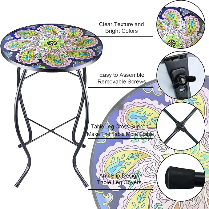 Arbuxzuy 12 Inch Small Outdoor Side Table with Purple Flower, Glass Mosaic Patio Table Indoor, Round Plant Coffee Table for Living Room, Balcony, Garden