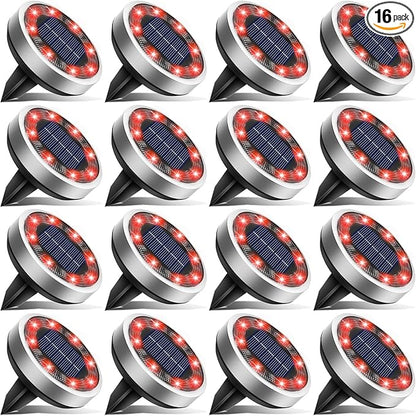 btfarm 16 Pack Solar Lights Outdoor, 8 LED Solar Ground Lights IP65 Waterproof Flat Solar Disc Light, Pathway Lights for Garden Lawn Patio Yard Path Landscape, Red