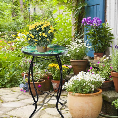 VCUTEKA Outdoor Side Table Mosaic End Patio Side Table Small End Tables Glass Top Round Balcony Coffee Tables Porch Indoor Glass Top Bee 14''