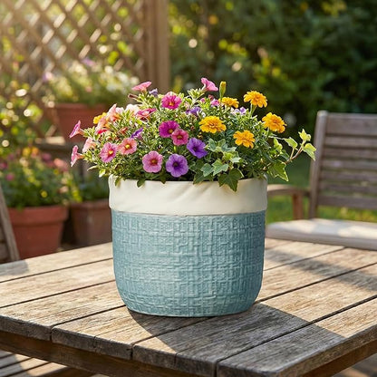 Ceramic Planter - 8 Inch Plant Pot for Indoor Outdoor Plants, Boho Planters with Drainage Hole and Plug, Round Decorative Flower Pots, Garden Home Office Decor, Plant Lover Gifts, Blue