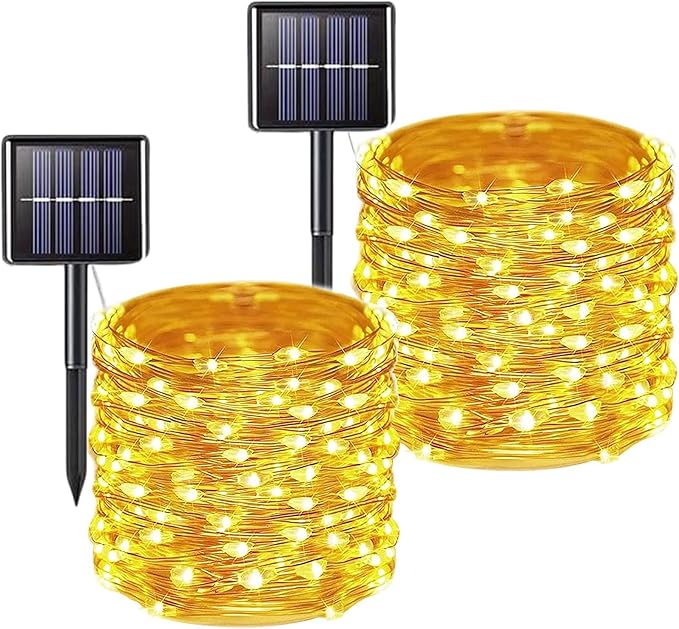 2 Pack Total 200 LED 66FT Solar Powered Copper Wire String Lights Outdoor, Waterproof, 8 Modes Fairy Lights for Garden, Patio, Party, Yard, Christmas (Warm White)