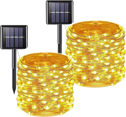 2 Pack Total 200 LED 66FT Solar Powered Copper Wire String Lights Outdoor, Waterproof, 8 Modes Fairy Lights for Garden, Patio, Party, Yard, Christmas (Warm White)