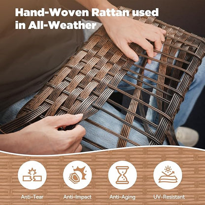 Outdoor Patio Furniture Set-8 Piece High Back Outdoor Furniture Set Sectional Sofa with Wicker Swivel Rocker Patio Chairs,Thick Cushions Ottomans for Porch Balcony Patio Deck Brown/Blue