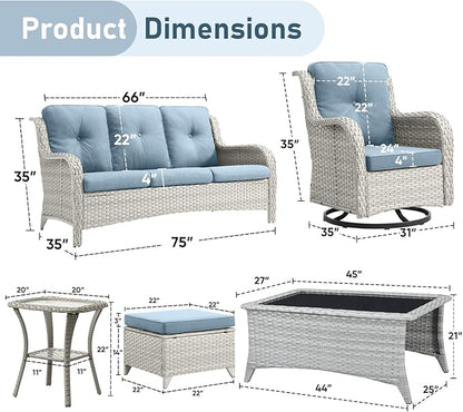 Wicker Patio Furniture-7 Pieces Rattan Patio Furniture Set Outdoor Patio Couch with Swivel Patio Chairs Ottomans and Coffee Table for Deck Poolside Backyard-Light Grey/Light Blue