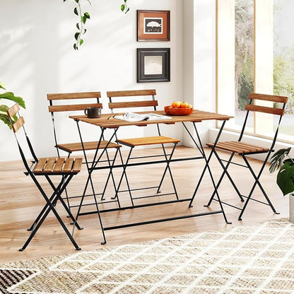 Giantex 5-Piece Outdoor Dining Table Set for 4, Acacia Wood Bistro Table with 4 Folding Patio Chairs, Slatted Seat & Tabletop, Metal Frame, for Yard Porch Garden Poolside (Black + Brown)
