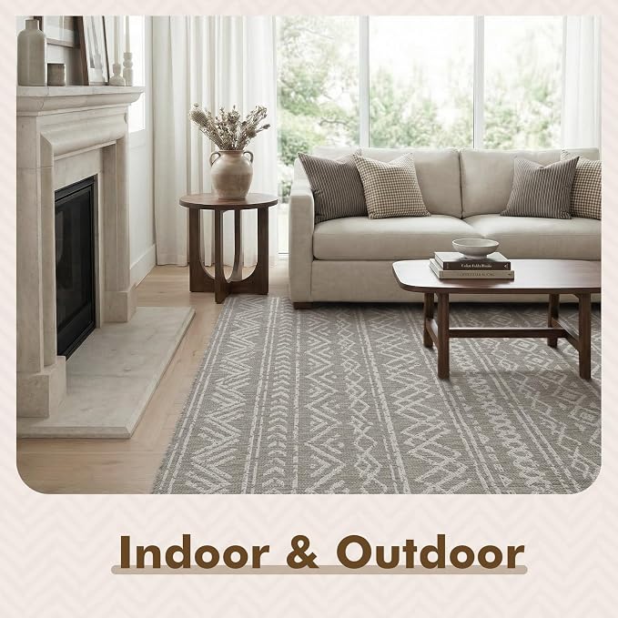 MontVoo-Outdoor Rug-Patio Rug 5x7 ft Polypropylene Indoor Outdoor Rugs Outdoor Carpet for Patio Deck Balcony Porch, Textured Weave, Durable for High Traffic, Fade-resistant, Boho Farmhouse Silver Grey
