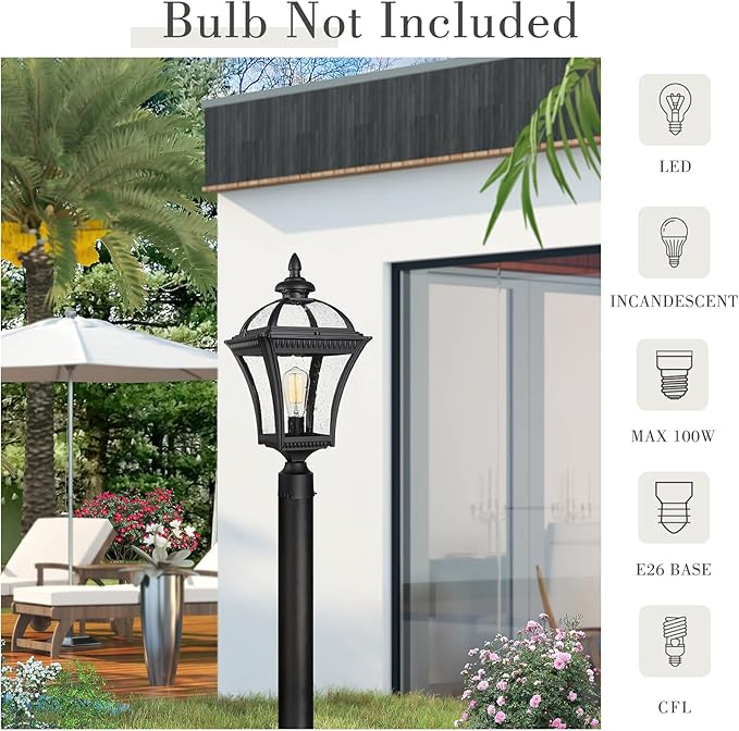 Emliviar 22 Inch Outdoor Post Light, Farmhouse Vintage Outside Pole Light for Yard, Aluminum with Seeded Glass, Black Finish, XE266P BK