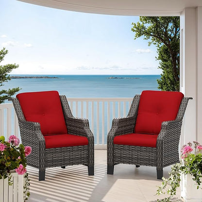 Patio Chairs Set of 2 Rattan Chair Patio Furniture Set with Thick Cushions and All-Weather PE Wicker for Garden, Patio and Porch, Red