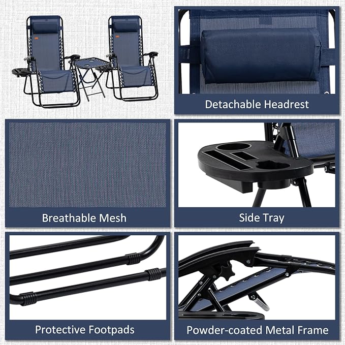 Outsunny Zero Gravity Chair Set with Side Table, Folding Reclining Chair with Cupholders & Pillows, Adjustable Lounge Chairs for Pool, Backyard, Lawn, Beach, Blue