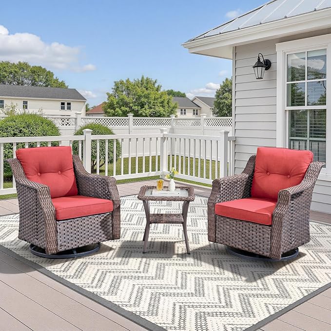 Patio Wicker Chairs Swivel Rocker-Outdoor Swivel Rocker Chair Set of 2 with All Weather Wicker Glider Rocker Set, PE Rattan Swivel Rocking Chair with Side Table for Yard Balcony Deck Porch Brown/Red