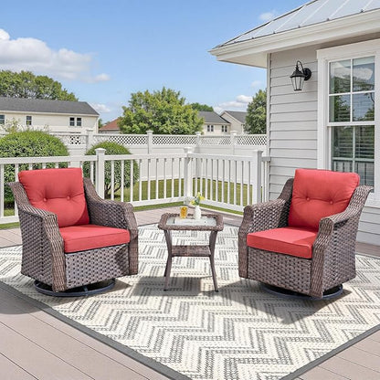 Patio Wicker Chairs Swivel Rocker-Outdoor Swivel Rocker Chair Set of 2 with All Weather Wicker Glider Rocker Set, PE Rattan Swivel Rocking Chair with Side Table for Yard Balcony Deck Porch Brown/Red