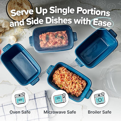 Souper Cubes Ceramic Baking Dishes - 5" x 3" Individual Baking Dishes for Oven with Silicone Lids, Oven, Microwave and Air Fryer Safe, Perfect for Reheating Single Serve Meals, Set of 4 - Blueberry