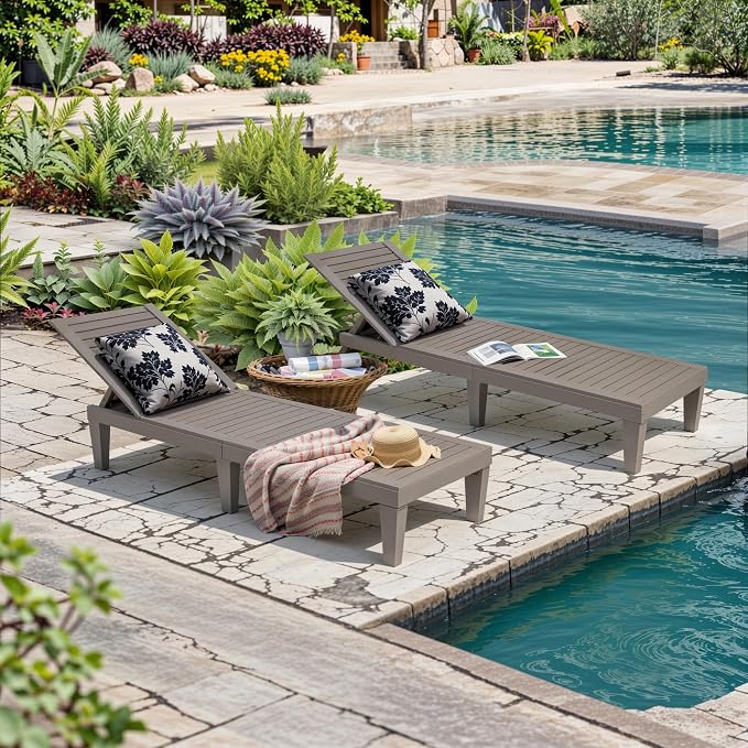 Outdoor Lounge Chairs Set of 4, 5-Position Adjustable Tanning Chairs with Wood Grain, All-Weather Resin Patio Recliners for Pool, Garden, Deck, Beach, Patio Lounge Chairs, Texture Grey