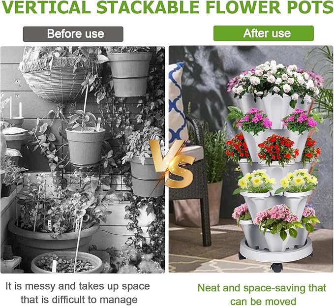 Vertical Strawberry Planter 7 Tier Stackable Tower Herb Planters-Stacking Garden Outdoor Grey Planter Pot with Tools Mover for Succulents, Vegetables and Flowers