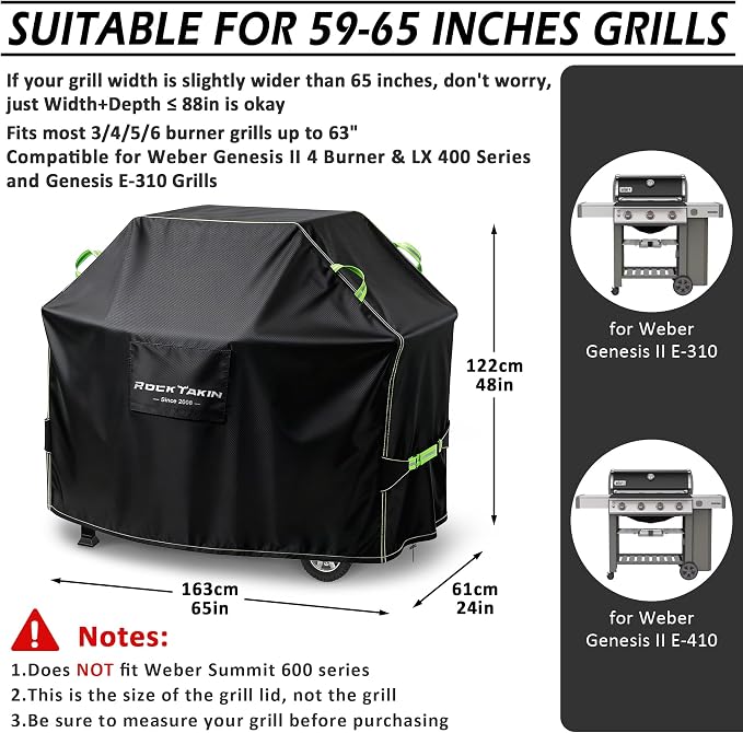 ROCKTAKIN Heavy Duty 65 Inch Grill Cover for Weber Genesis II 4 Burner & LX 400 Series, Waterproof UV & Fade Resistant Windproof Outdoor BBQ Cover with Air Vents for Weber Char-Broil Nexgrill