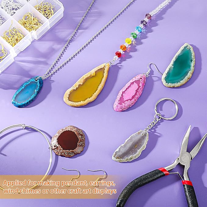 Hicarer 24 Pieces Polished Agate Slices, Drilled Agate Geode Pendants in Various Sizes and Colors Irregular Ornament Geode Stones Rock for Home Room DIY Jewelry Table Decorations