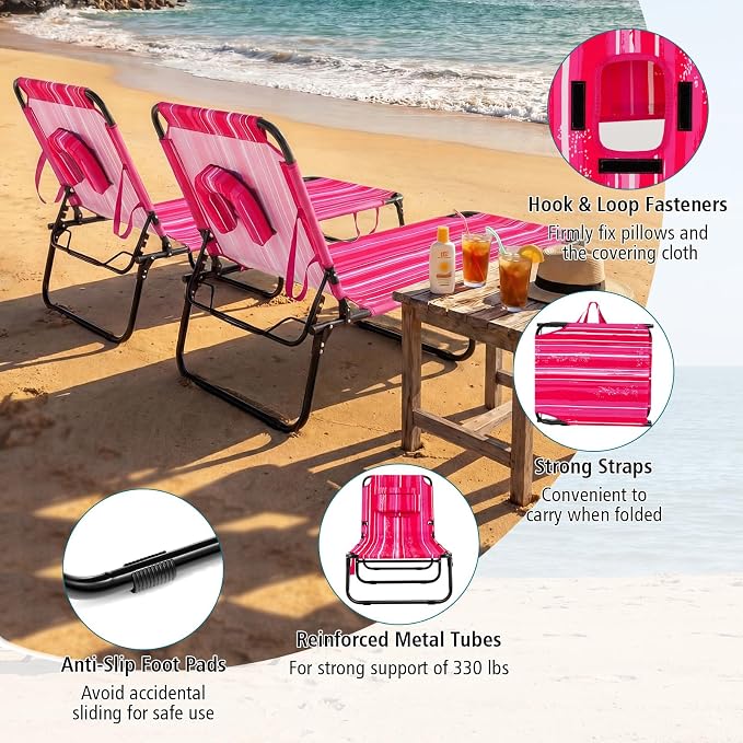 GYMAX Tanning Chair, Folding Lounge Chairs with Face Hole & Cover, Removable Pillow Carry Handle, Portable Compact Outdoor Layout Recliner for Beach, Poolside, Lawn, Patio, Camping (Pink Stripe,2)